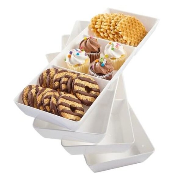 White Plastic Divided Serving Trays (Set of 4) 15” x 5” | Narrow Reusable 3-Sec - Picture 1 of 5